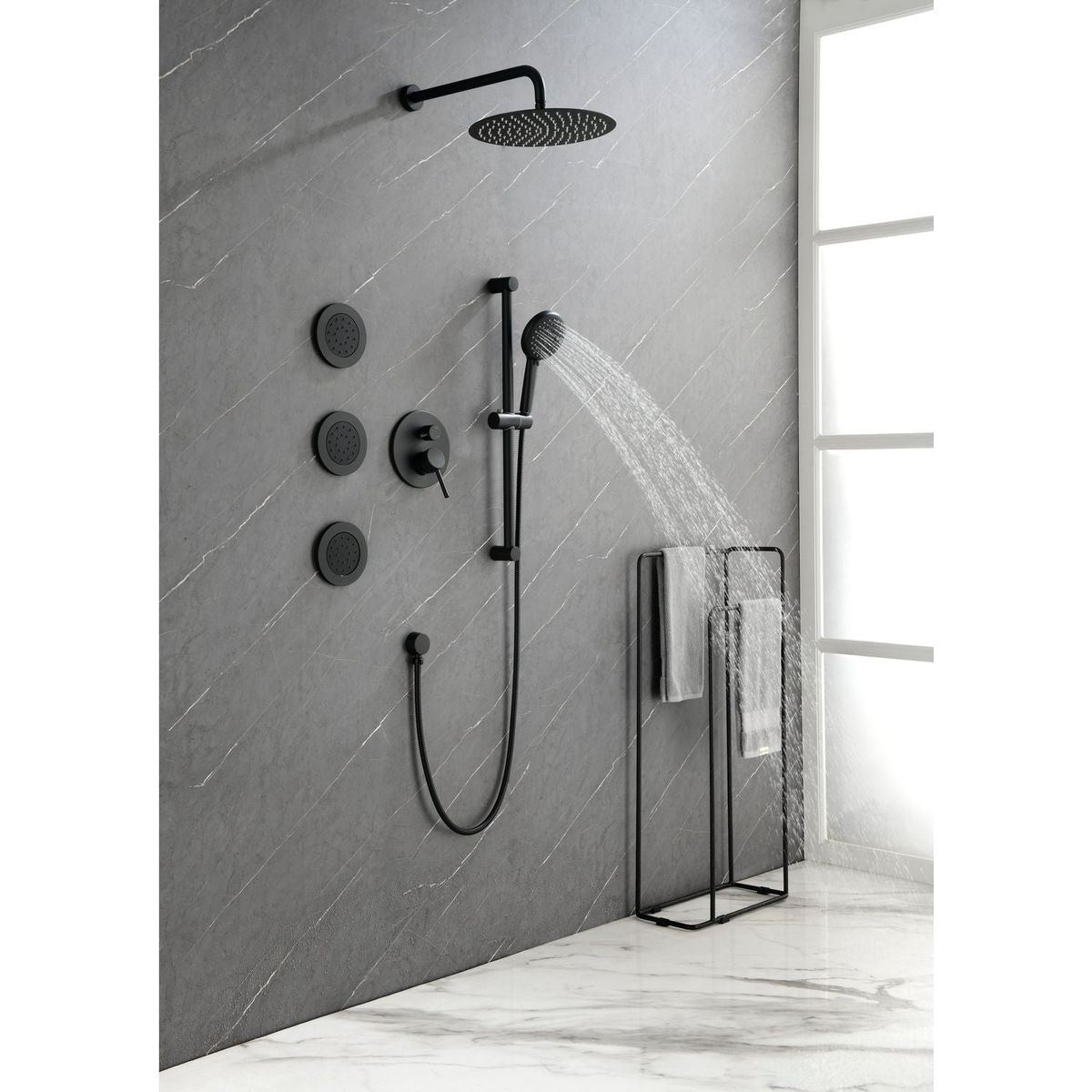 Shower System with Shower Head, Hand Shower, Slide Bar, Bodysprays, Shower Arm, Hose, Valve Trim, and Lever Handles