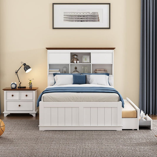 2 Pieces Wooden Captain Bedroom Set Full Bed with Trundle and Nightstand, White+Walnut