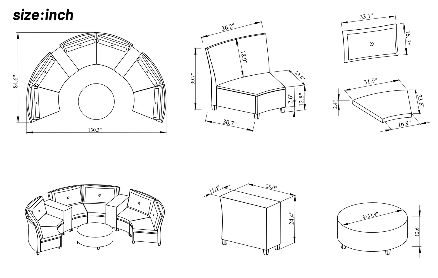 6 - Person Fan-shaped Rattan Suit Combination with Cushions and Table, Suitable for Garden