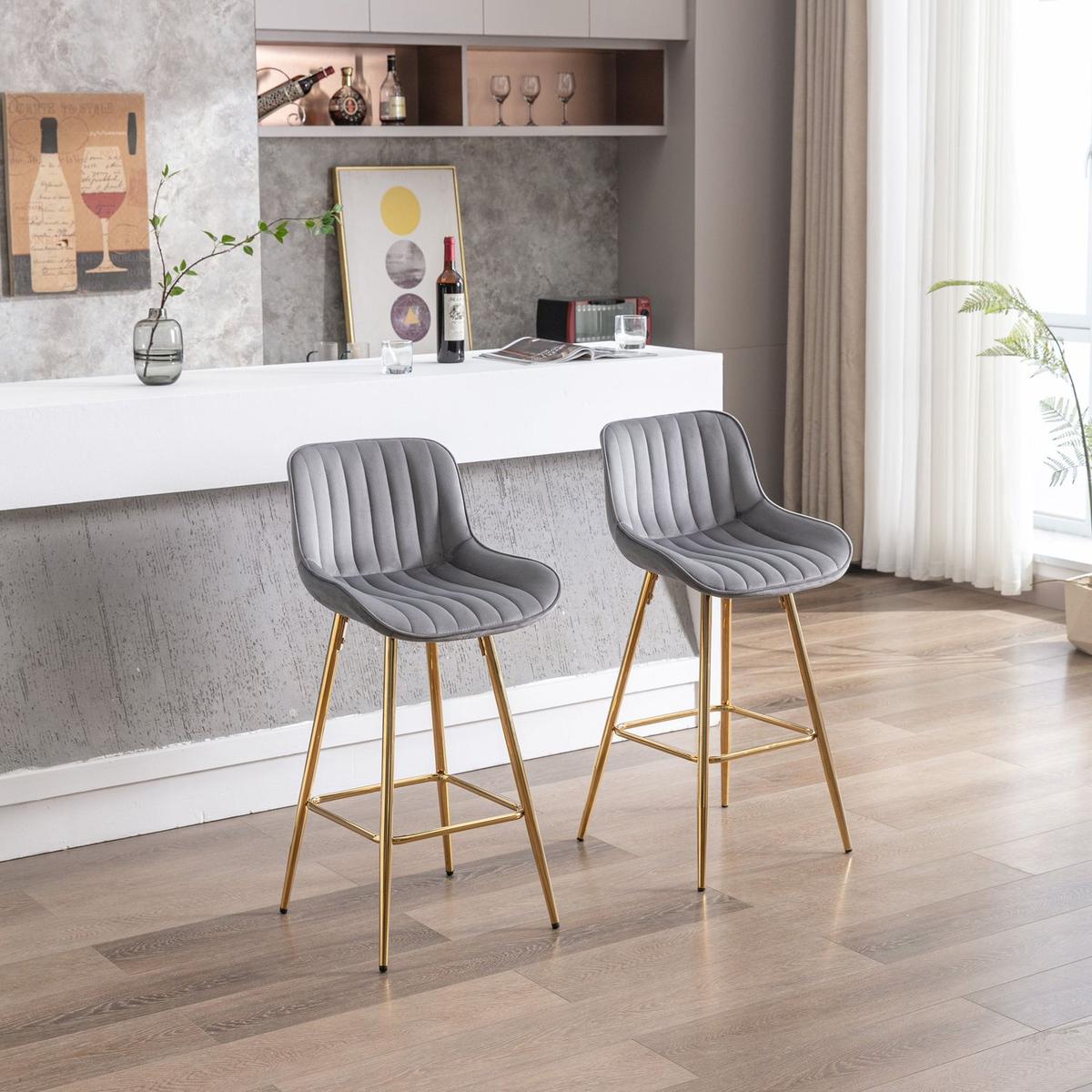 26 Inch Set of 2 Bar Stools, with Chrome Footrest Velvet Fabric Counter Stool Golden Leg Simple Bar Stool, GRAY