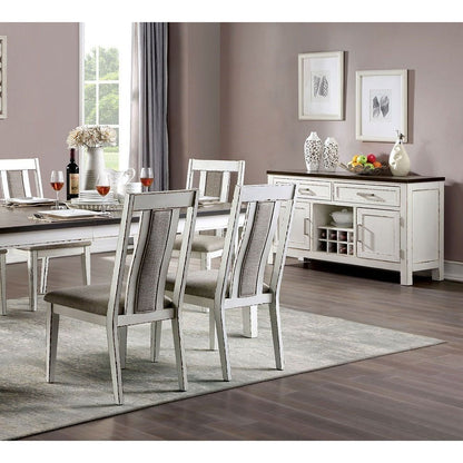 Classic Weathered White / Warm Gray Set of 2 Side Chairs Fabric Unique Back Solid wood Chair Upholstered Seat Kitchen Rustic Dining Room Furniture