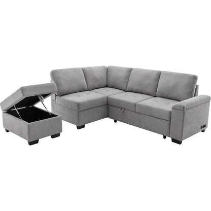 Sleeper Sectional Sofa, L-Shape Corner Couch Sofa-Bed with Storage Ottoman & Hidden Arm Storage & USB Charge for Living Room Apartment, Gray
