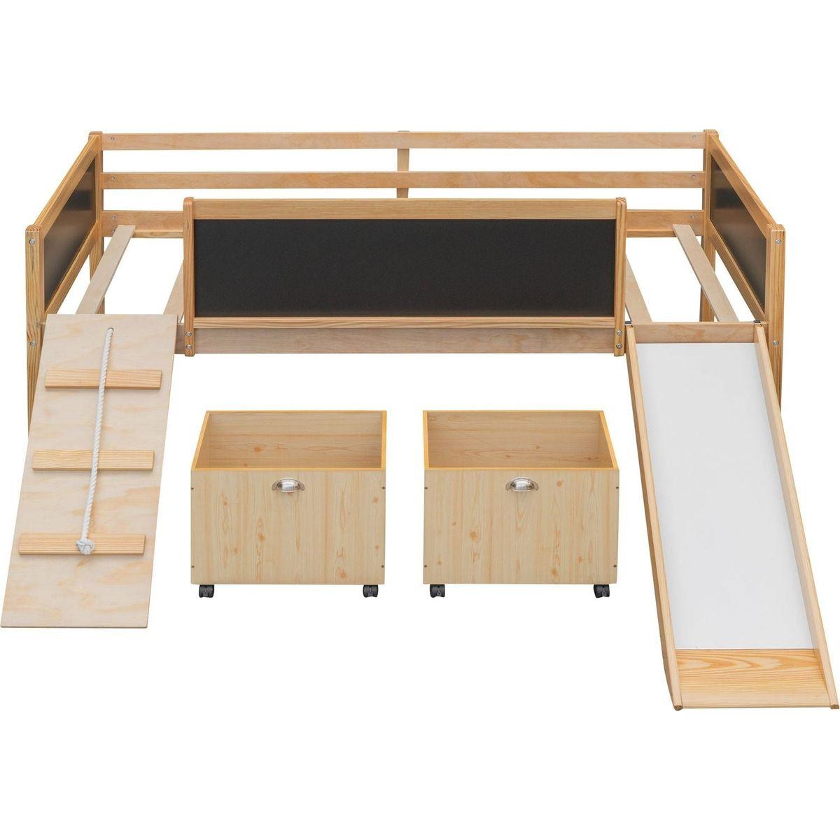 Twin size Loft Bed Wood Bed with Two Storage Boxes - Natrual ()