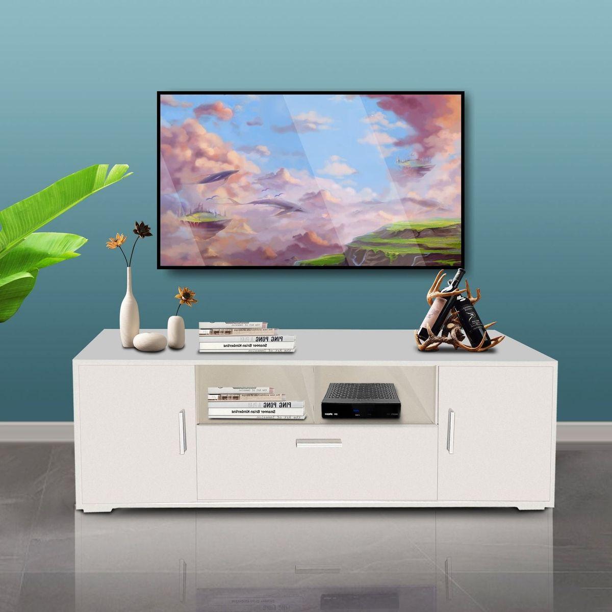 QUICK ASSEMBLE WHITE modern TV Stand, only 20 minutes to finish assemble, with LED Lights, high glossy front TV Cabinet, can be assembled in Lounge Room, Living Room or Bedroom, color:WHITE