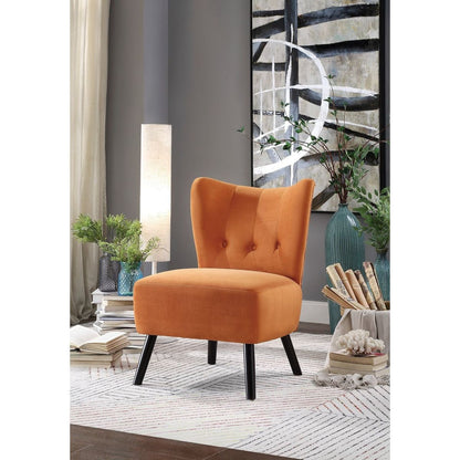 Unique Style Orange Velvet Covering Accent Chair Button-Tufted Back Brown Finish Wood Legs Modern Home Furniture