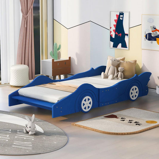 Twin Size Race Car-Shaped Platform Bed with Wheels, Blue