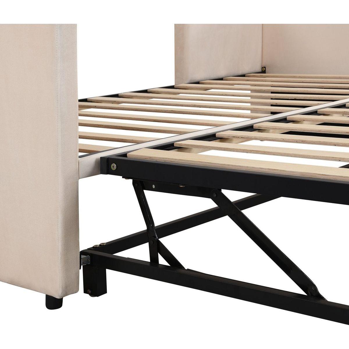 Twin Size Upholstered daybed with Extendable Trundle, Beige - Streamdale Furniture