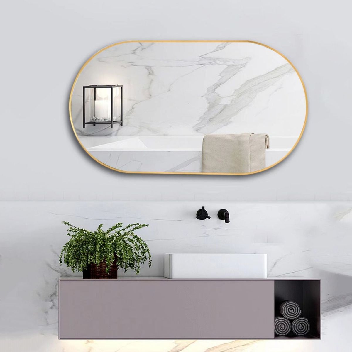 Wall Mounted Mirror, 36" x18" Fan& Pre-Set Hooks for Vertical & Horizontal Hang, Ideal for Bedroom, Bathroom