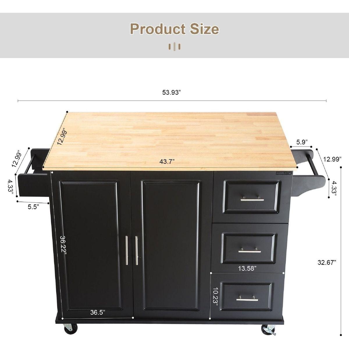 Kitchen Island & Kitchen Cart, Mobile Kitchen Island with Extensible Rubber Wood Table Top, adjustable Shelf Inside Cabinet, 3 Big Drawers, with Spice Rack, Towel Rack, Black-Beech .