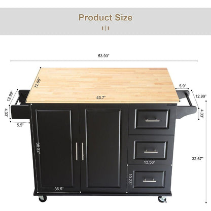 Kitchen Island & Kitchen Cart, Mobile Kitchen Island with Extensible Rubber Wood Table Top, adjustable Shelf Inside Cabinet, 3 Big Drawers, with Spice Rack, Towel Rack, Black-Beech .