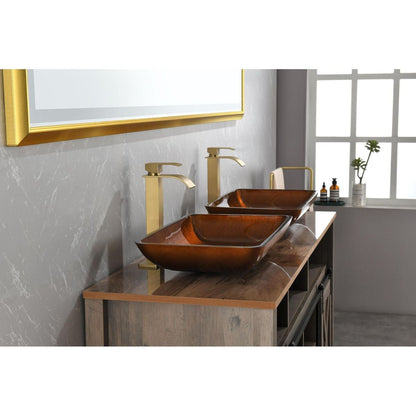 22.5" L -L -14.5" W -4 1/2 in. Handmade Glass Rectangle Vessel Bathroom Sink Set in Rich Chocolate Brown Finish with gold Faucet and gold Pop Up Drain