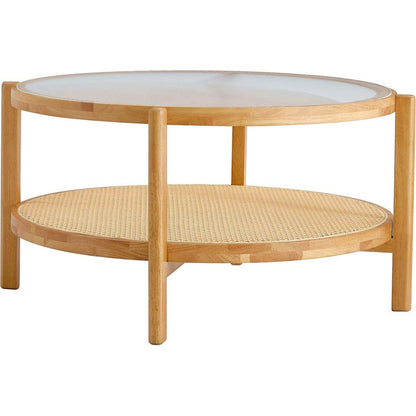 Modern simple circular double-layer solid wood tea table rattan woven Chinese side table small round table suitable for living room, dining room and bedroom