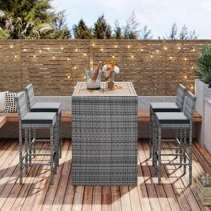 GO 5-pieces Outdoor Patio Wicker Bar Set, Bar Height Chairs With Non-Slip Feet And Fixed Rope, Removable Cushion, Acacia Wood Table Top, Brown Wood And Gray Wicker