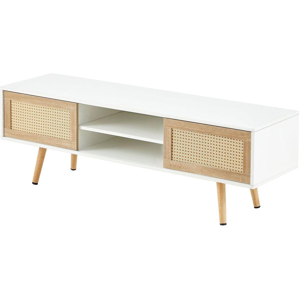 55.12" Rattan TV cabinet, double sliding doors for storage, adjustable shelf, solid wood legs, TV console for living room, White