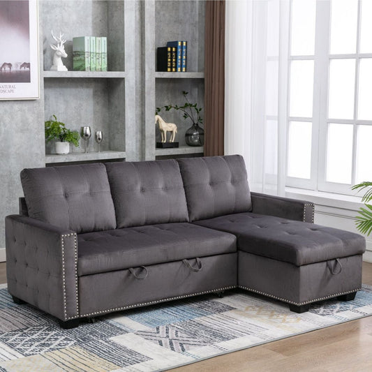77 Inch Reversible Sectional Storage Sleeper Sofa Bed, L-Shape 2 Seat Sectional Chaise With Storage, Skin-Feeling Velvet Fabric, Dark Grey Color For Living Room Furniture