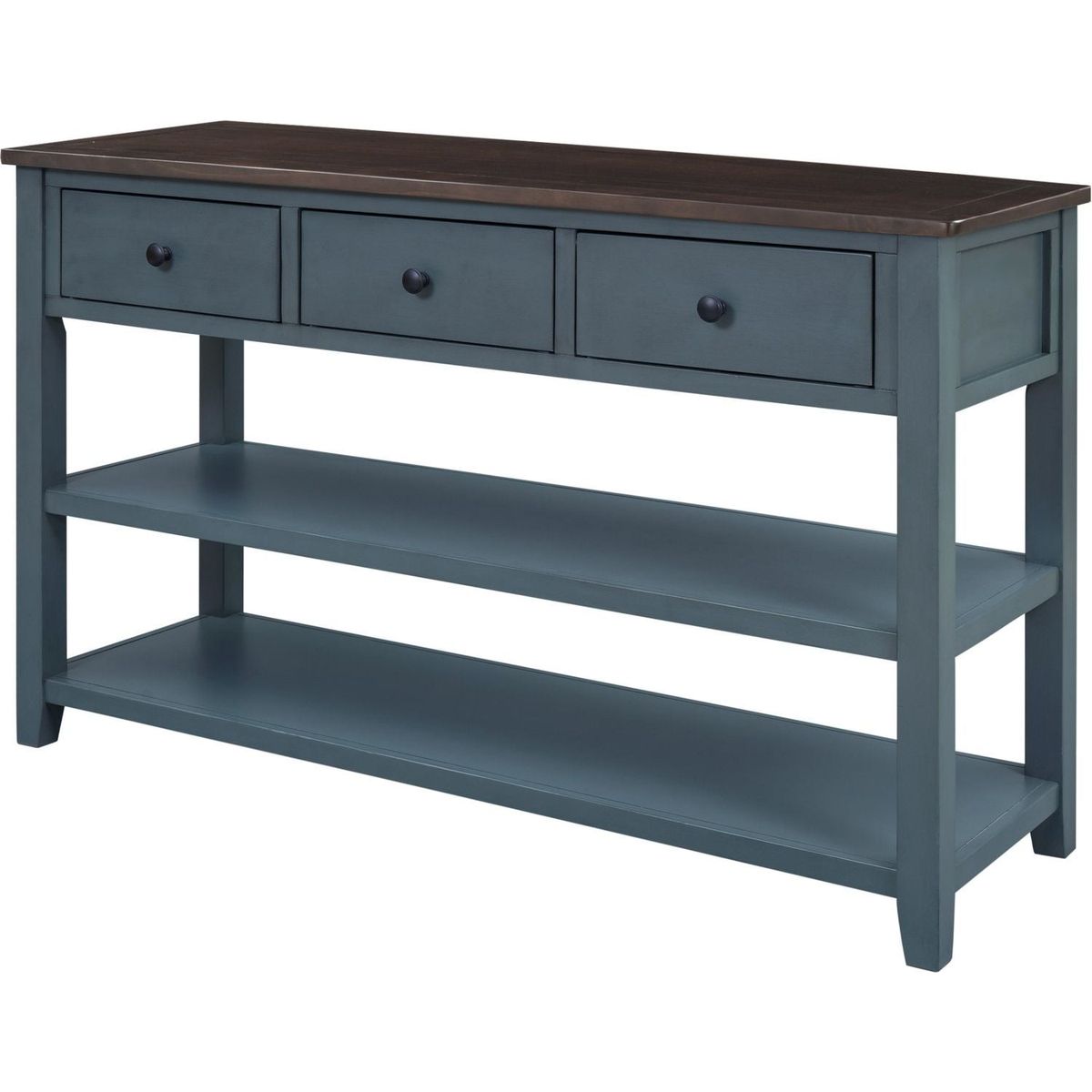 Retro Design Console Table with Two Open Shelves, Pine Solid Wood Frame and Legs for Living Room (Navy) - Streamdale Furniture