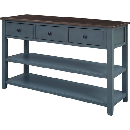 Retro Design Console Table with Two Open Shelves, Pine Solid Wood Frame and Legs for Living Room (Navy) - Streamdale Furniture
