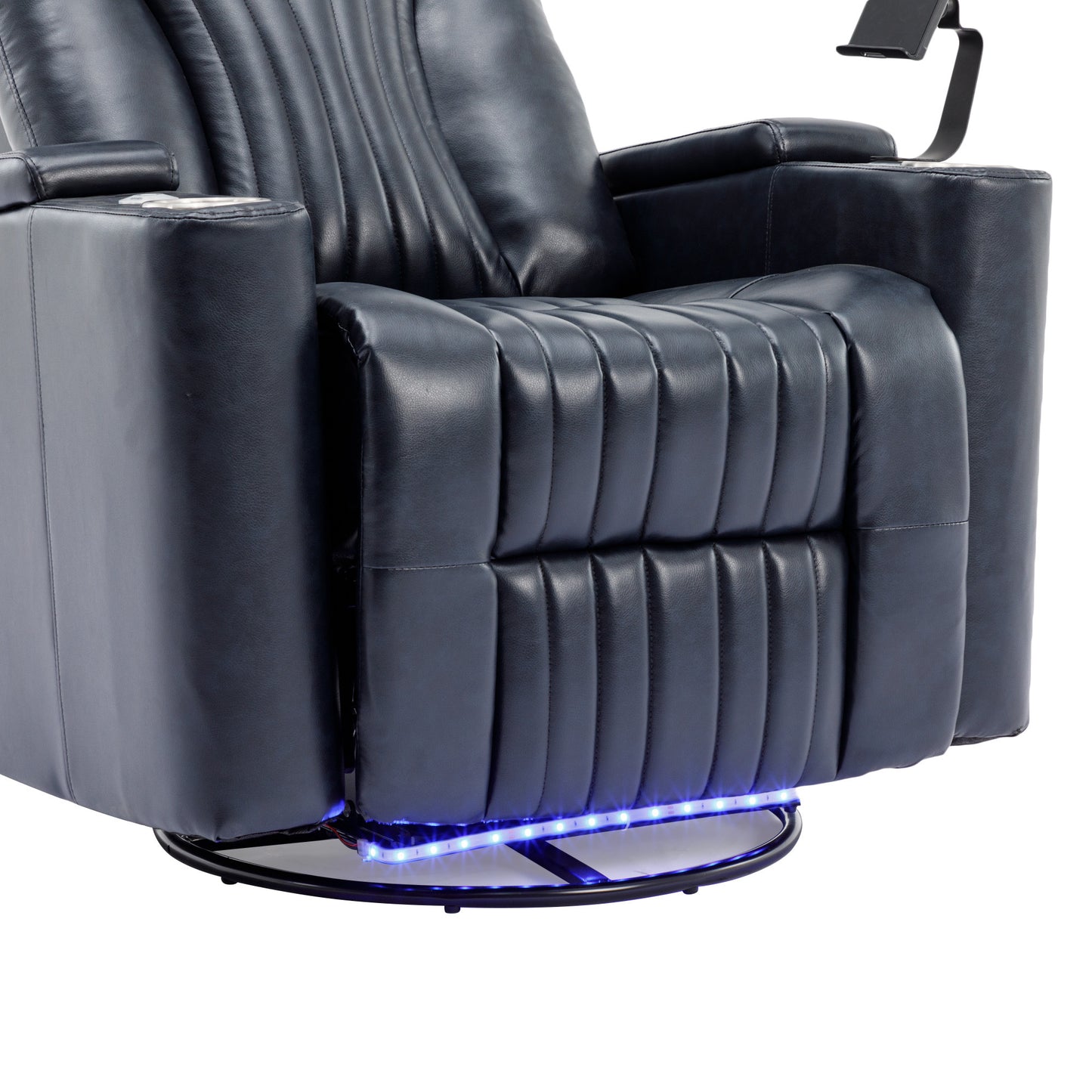 270 degree Power Swivel Recliner, Home Theater Seating With Hidden Arm Storage and LED Light Strip, Cup Holder, 360 degree Swivel Tray Table, and Cell Phone Holder, Soft Living Room Chair, Blue