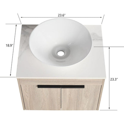 24" Modern Design Float Bathroom Vanity With Ceramic Basin Set, Wall Mounted White Oak Vanity With Soft Close Door, KD-PackingD-Packing Pieces