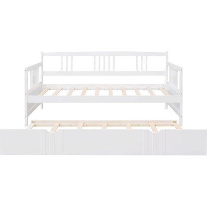 Twin Size Daybed Wood Bed with Twin Size Trundle, White