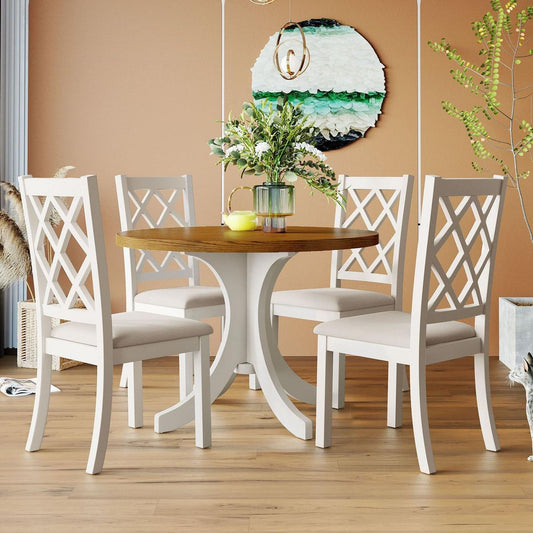 Mid-Century Solid Wood 5-Piece Round Dining Table Set, Kitchen Table Set with Upholstered Chairs for Small Places, Walnut Table+Beige Chair - Streamdale Furniture
