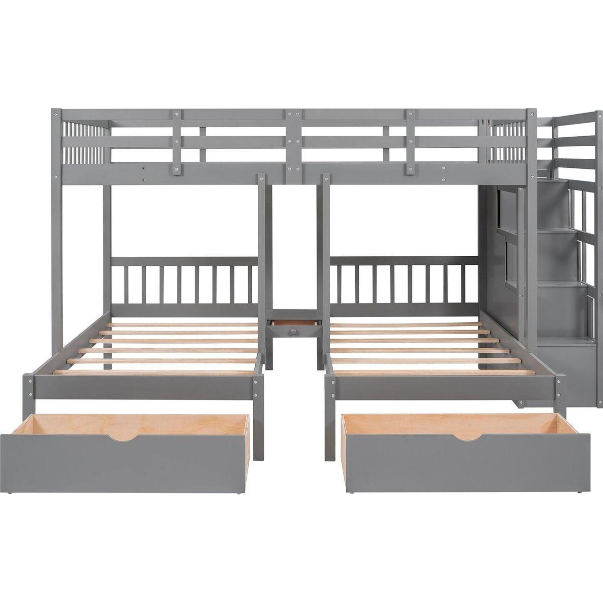 Full Over Twin & Twin Bunk Bed, Wood Triple Bunk Bed with Drawers and Guardrails (Gray)