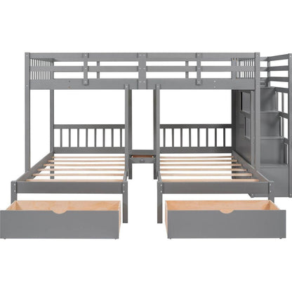 Full Over Twin & Twin Bunk Bed, Wood Triple Bunk Bed with Drawers and Guardrails (Gray)
