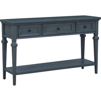 Classic Retro Style Console Table with Three Top Drawers and Open Style Bottom Shelf, Easy Assembly (Navy)