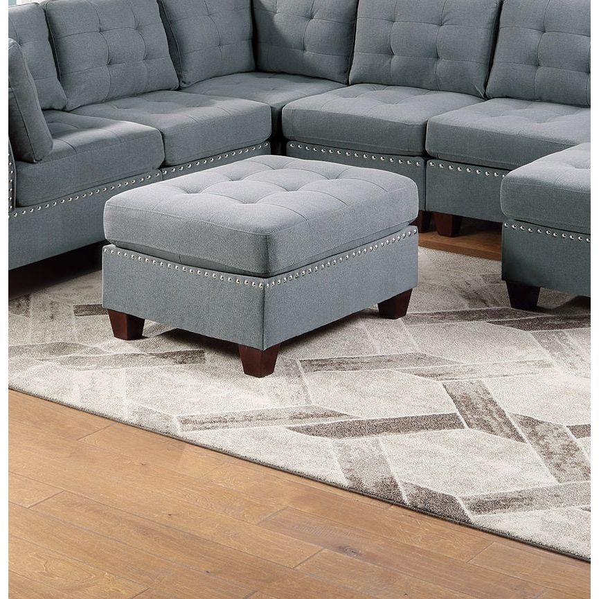 Modular Sectional 9pc Set Living Room Furniture Corner Sectional Tufted Nail heads Couch Gray Linen Like Fabric 3x Corner Wedge 4x Armless Chairs and 2x Ottomans