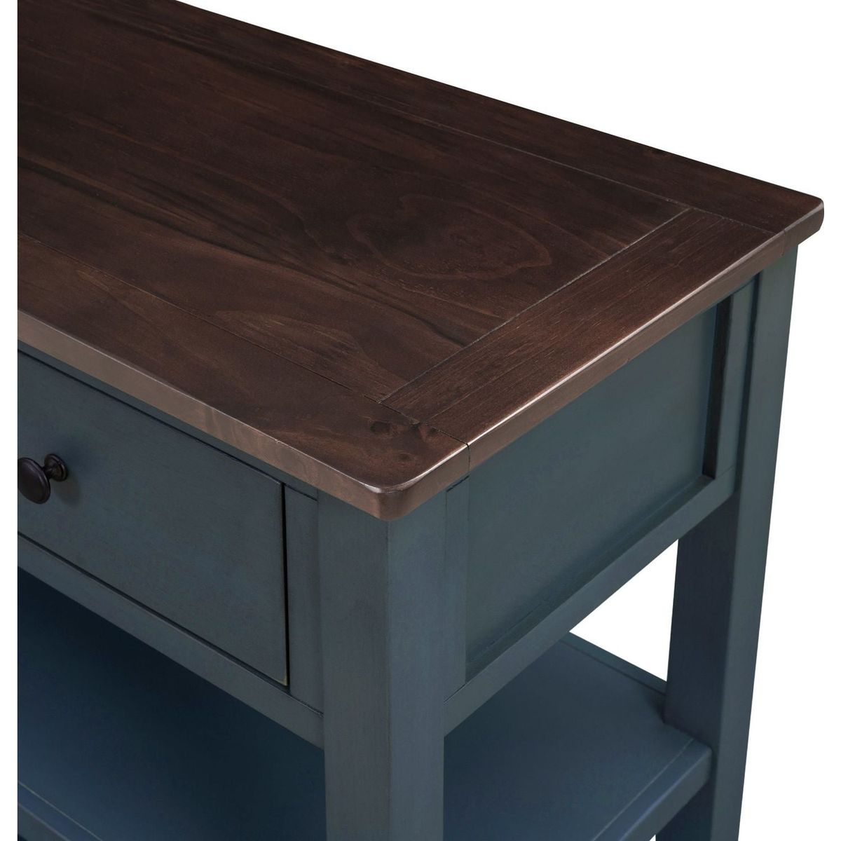 Retro Design Console Table with Two Open Shelves, Pine Solid Wood Frame and Legs for Living Room (Navy) - Streamdale Furniture