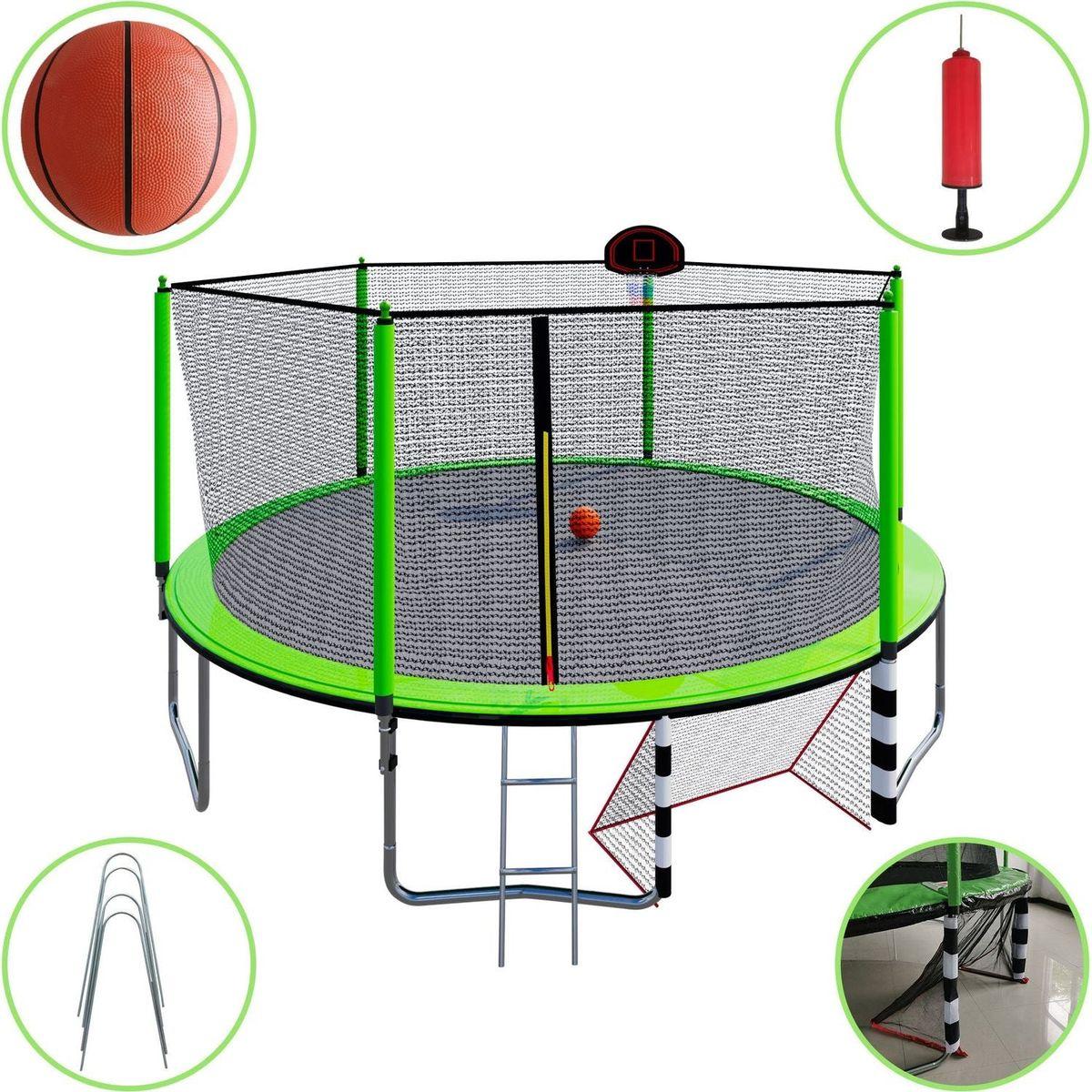 16FT Trampoline with Basketball Hoop pump and Ladder(Inner Safety Enclosure) with soccer goal Green