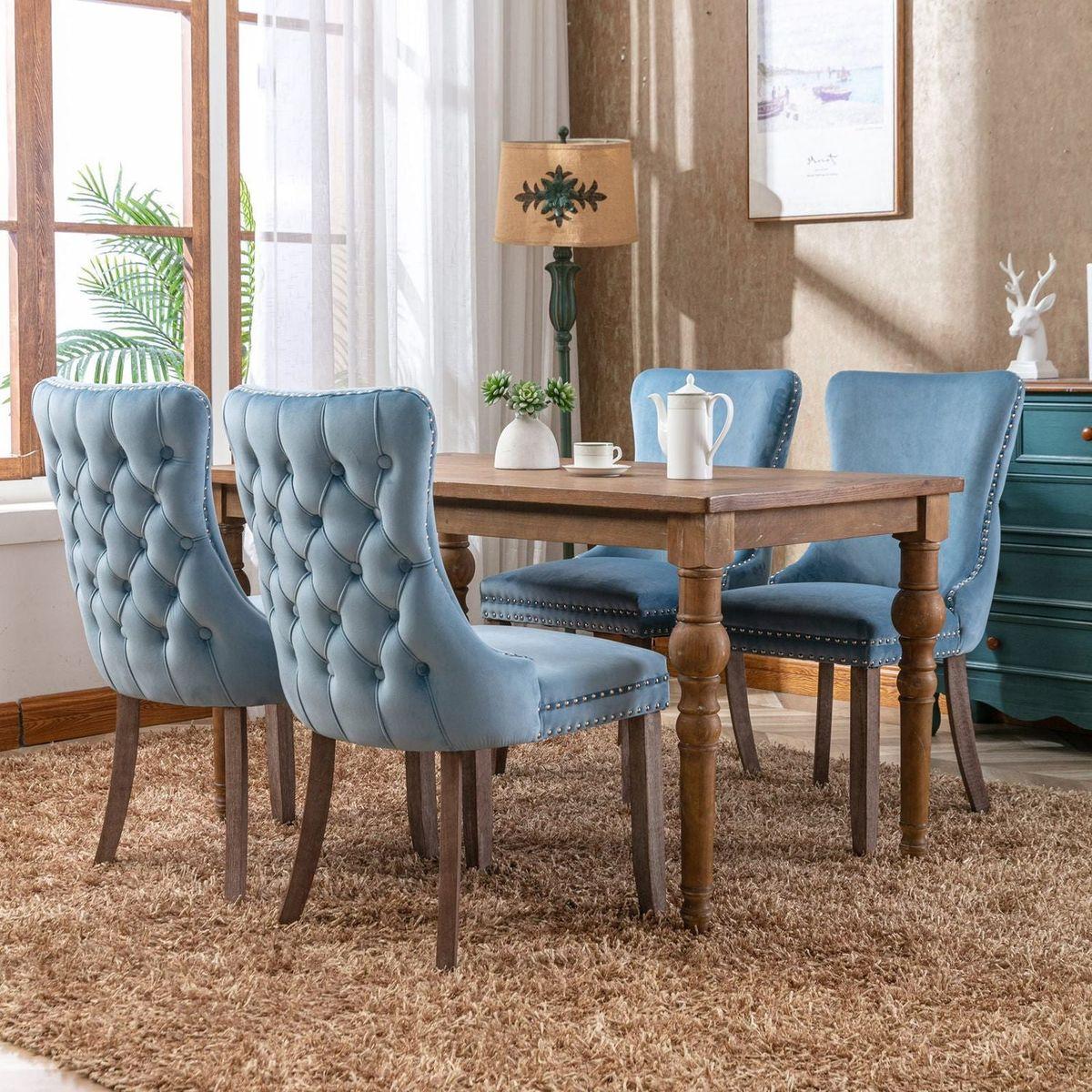 Upholstered Wing-Back Dining Chair with Backstitching Nailhead Trim and Solid Wood Legs, Set of 2, Light Blue, 8809LB, KD