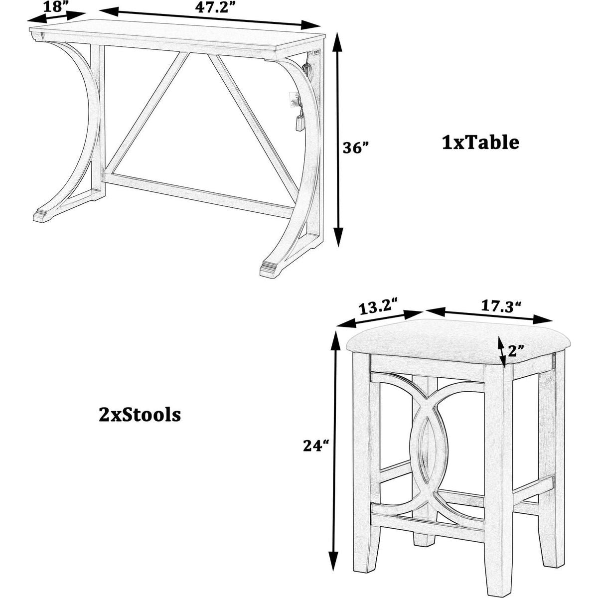 Farmhouse 3-Piece Counter Height Dining Table Set with USB Port and Upholstered Stools, Cream