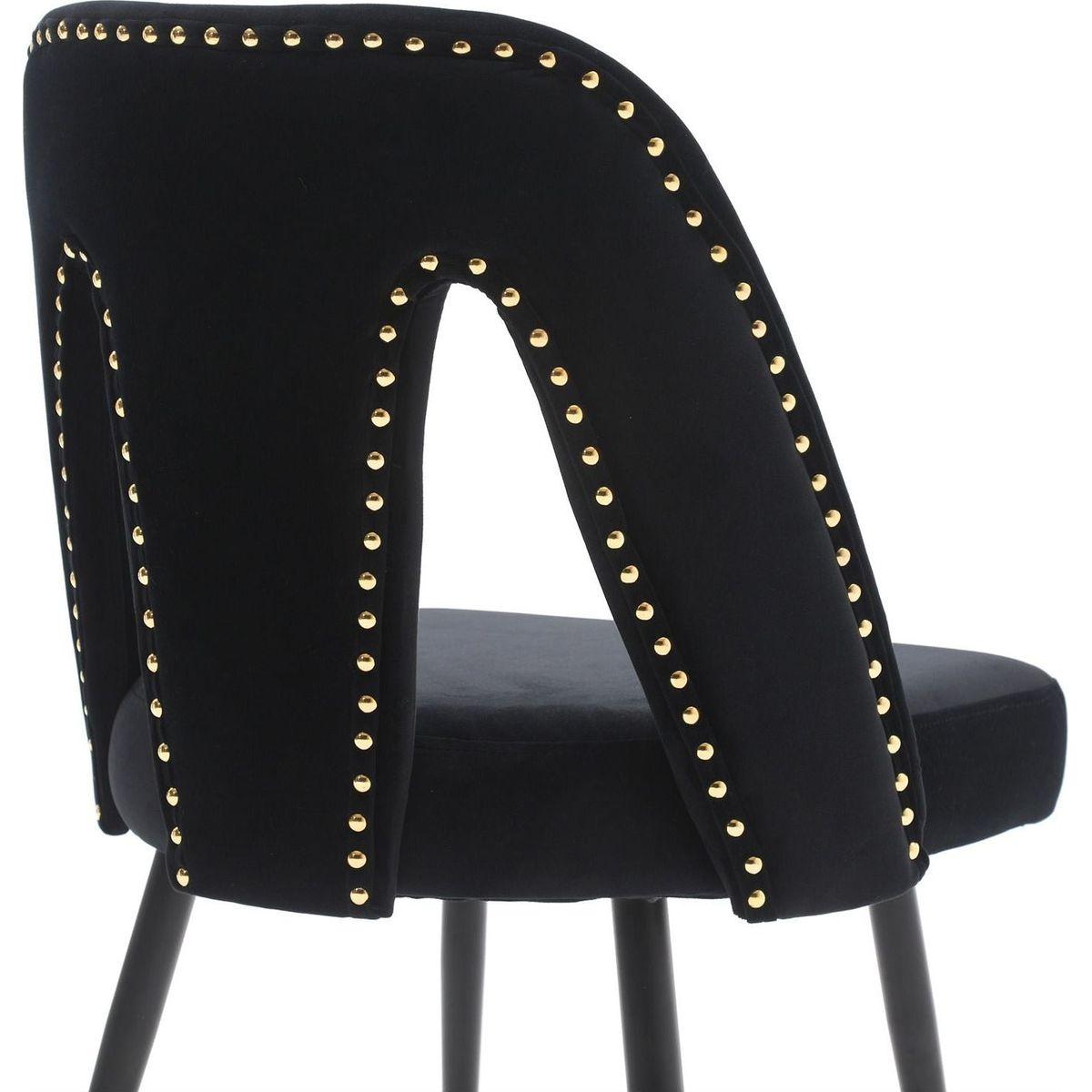 Akoya Collection Modern Contemporary Velvet Upholstered Dining Chair with Nailheads and Gold Tipped Black Metal Legs, Black, Set of 2