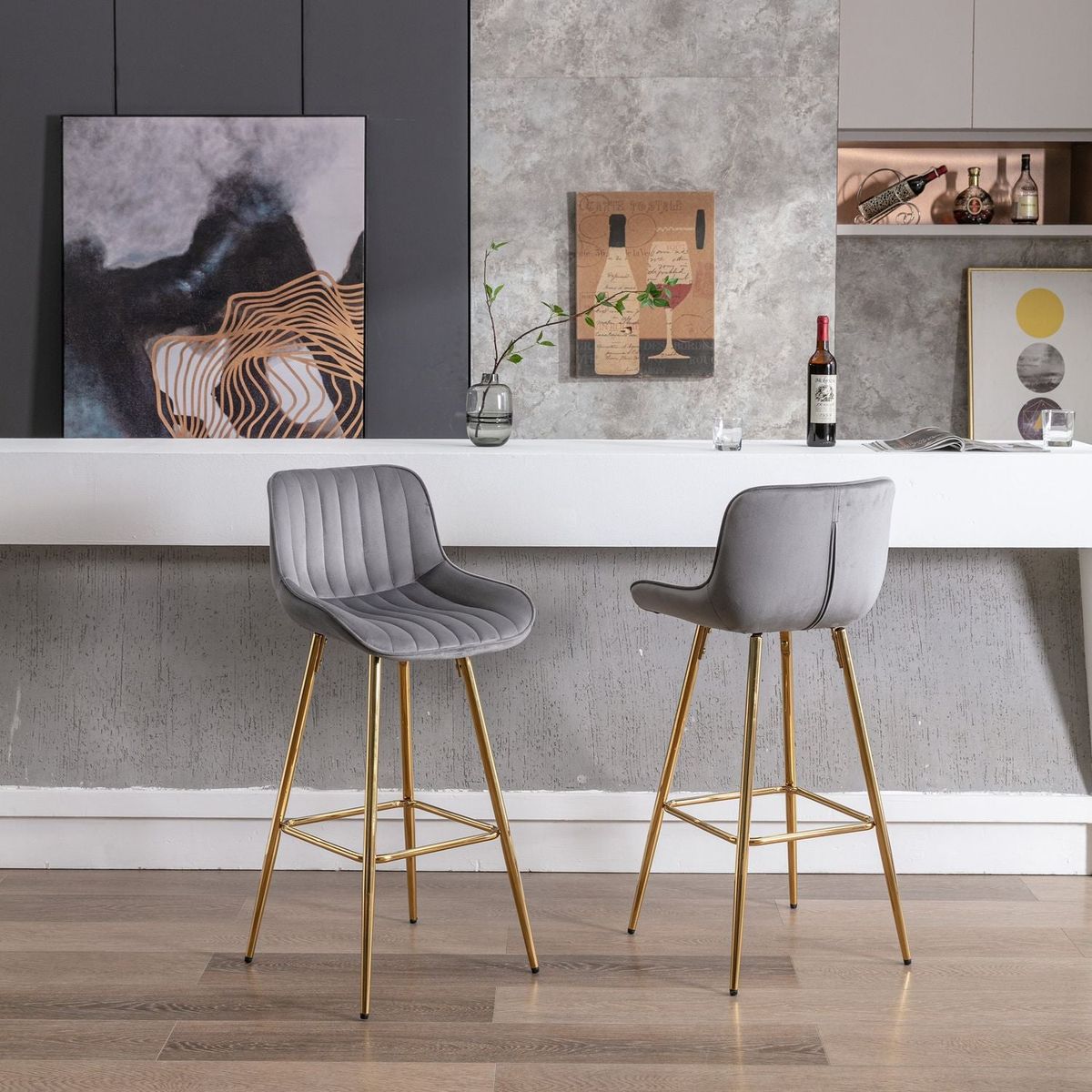30 inch Set of 2 Bar Stools, with Chrome Footrest Velvet Fabric Counter Stool Golden Leg Simple High Bar Stool, GRAY - Streamdale Furniture