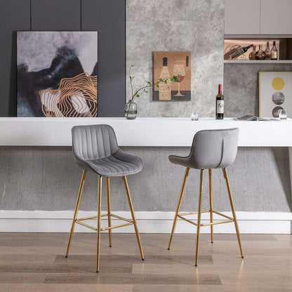 30 inch Set of 2 Bar Stools, with Chrome Footrest Velvet Fabric Counter Stool Golden Leg Simple High Bar Stool, GRAY - Streamdale Furniture