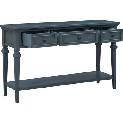 Classic Retro Style Console Table with Three Top Drawers and Open Style Bottom Shelf, Easy Assembly (Navy)