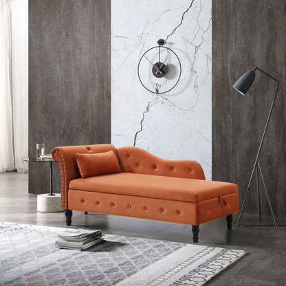 60" Velvet Multifunctional Storage Chaise Lounge Buttons Tufted Nailhead Trimmed Solid Wood Legs with 1 Pillow, Orange