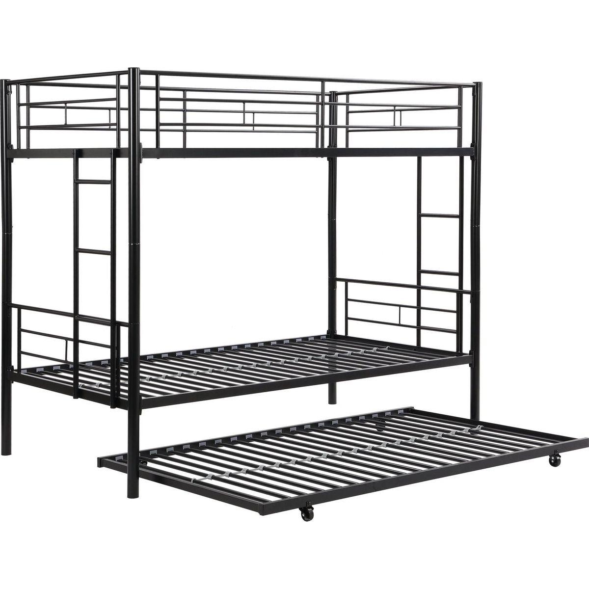 Over Twin Bunk Bed Frame with Trundle,Metal Bunkbed with Sturdy Guard Rail and 2 sideLadders for Kids/Adults,Can be Divided Into Two Beds, No Box Spring Needed, Noise Free for Dorm,Black