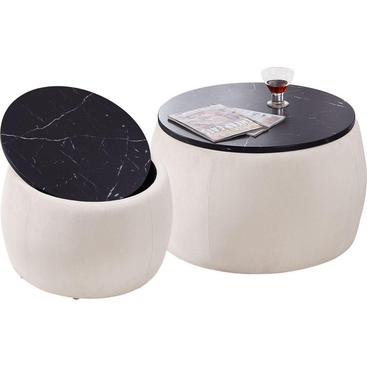 Set of 2 Nesting Round Storage Ottoman, Coffee Table Footstool with MDF Cover for Living Room, Bedroom, Top 650x450,480x390, Beige