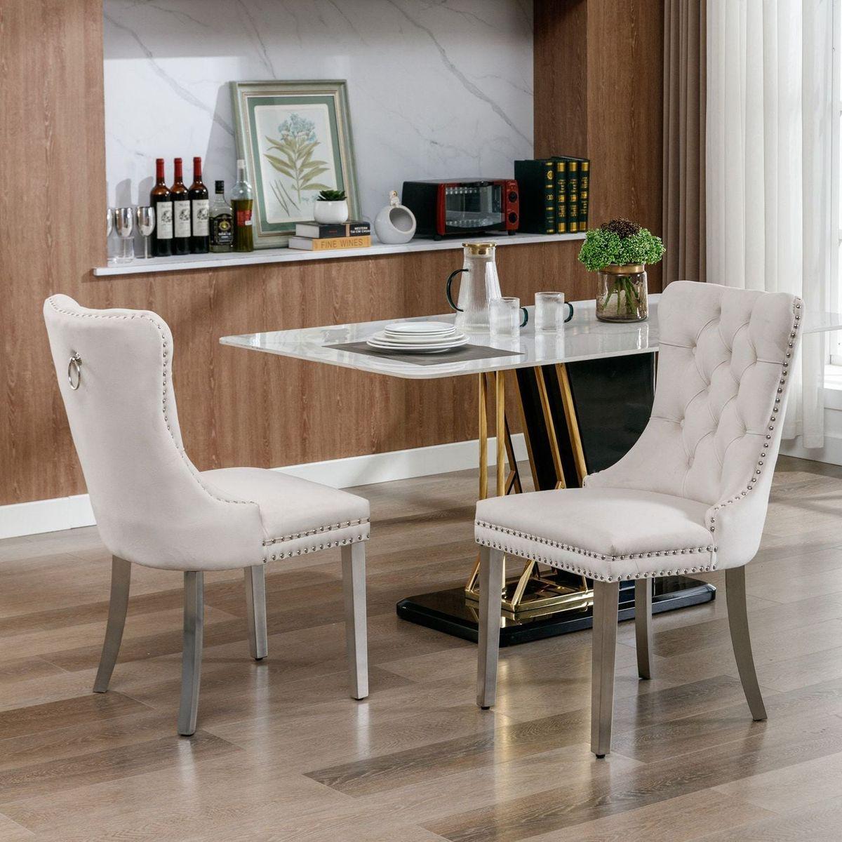 Nikki Collection Modern, High-end Tufted Solid Wood Contemporary Velvet Upholstered Dining Chair with Chrome Stainless Steel Plating Legs, Nailhead Trim, Set of 2eige and Chrome