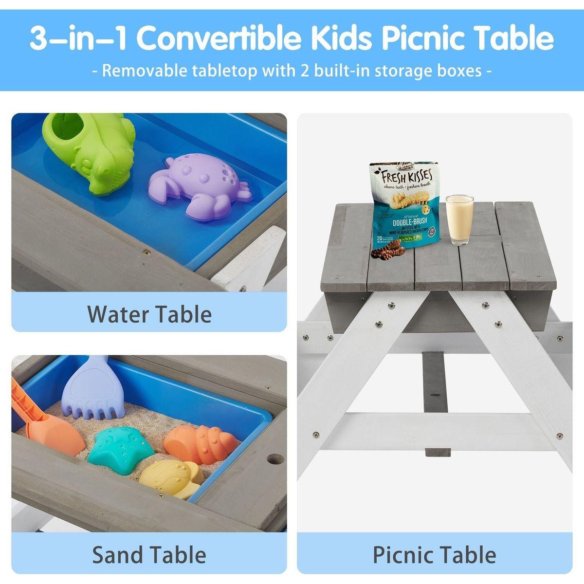 3-in-1 Kids Outdoor Wooden Picnic Table With Umbrella, Convertible Sand & Wate, Gray ASTM & CPSIA CERTIFICATION