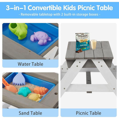 3-in-1 Kids Outdoor Wooden Picnic Table With Umbrella, Convertible Sand & Wate, Gray ASTM & CPSIA CERTIFICATION