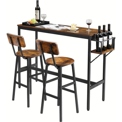 Bar Table Set with wine bottle storage rack. Rustic Brown, 47.24" L x 15.75" W x 35.43" H.
