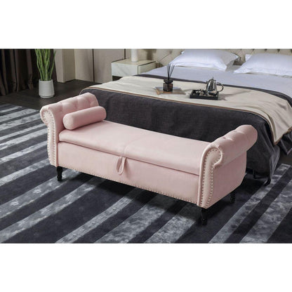 63" Velvet Multifunctional Storage Rectangular Sofa Stool Buttons Tufted Nailhead Trimmed Solid Wood Legs with 1 Pillow, Light Pink