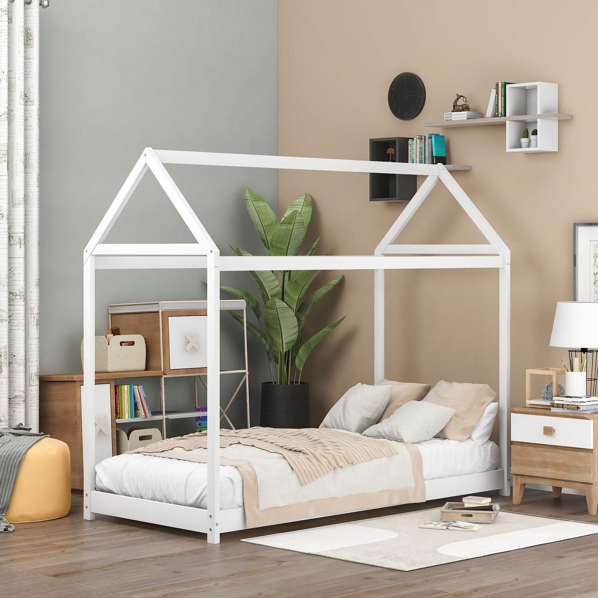 Twin Size Wooden House Bed, White (New) - Streamdale Furniture