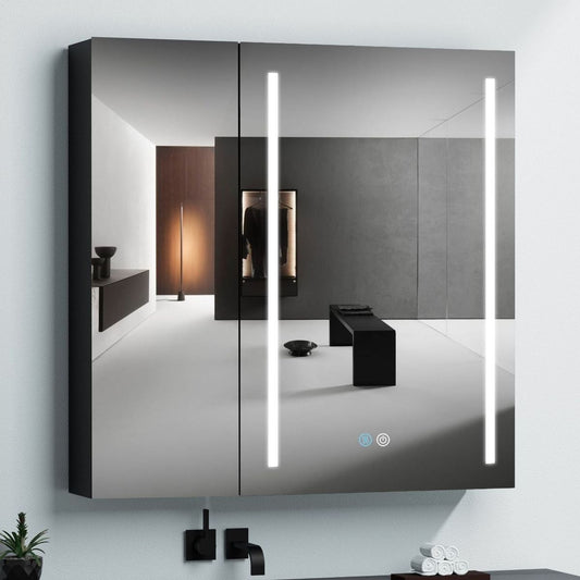 30x30 inch LED Bathroom Medicine Cabinet Surface Mount Double Door Lighted Medicine Cabinet, Medicine Cabinets for Bathroom with Mirror Defogging, Dimmer Black