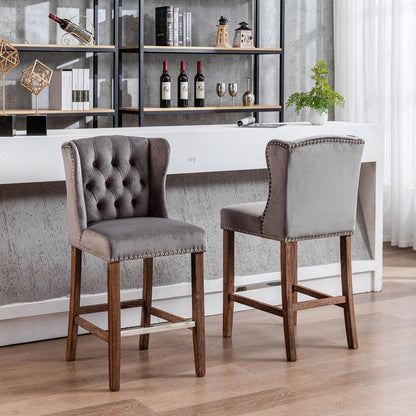 Counter Height Bar Stools, Upholstered 27" Seat Height Barstools, Wingback Breakfast Chairs with Nailhead-Trim & Tufted Back, Wood Legs, Set of 2(Grey)