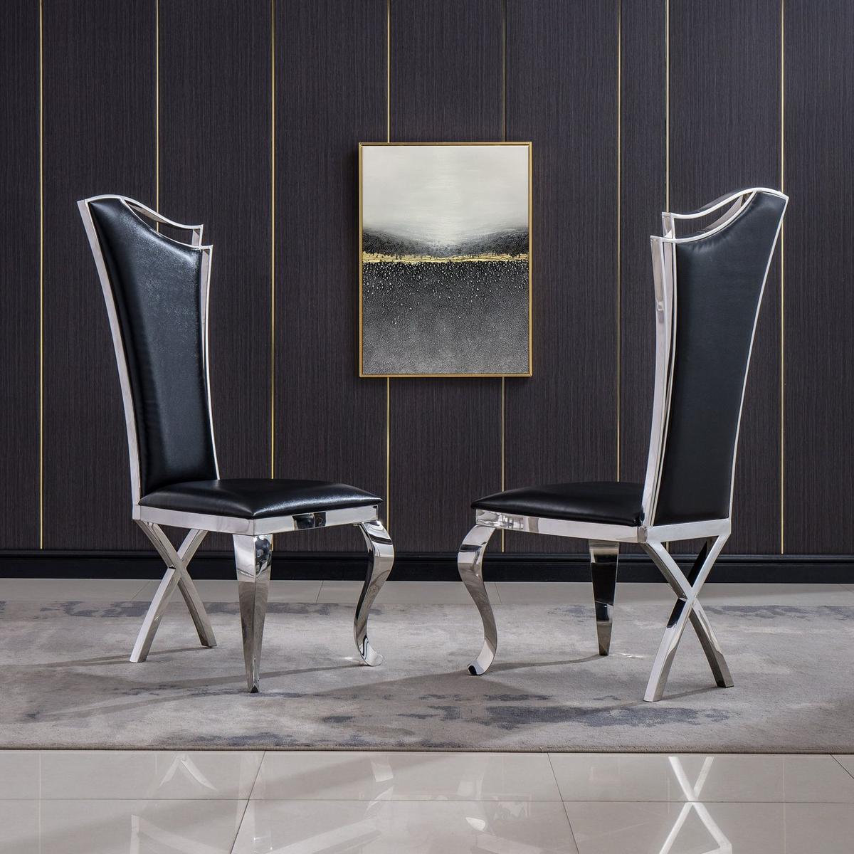 Leatherette Unique Design Backrest Dining Chair with Stainless Steel Legs Set of 2