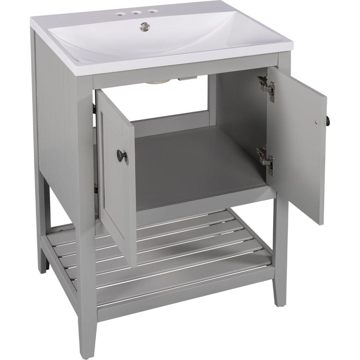 24" Grey Modern Sleek Bathroom Vanity Elegant Ceramic Sink with Solid Wood Frame Open Style Shelf